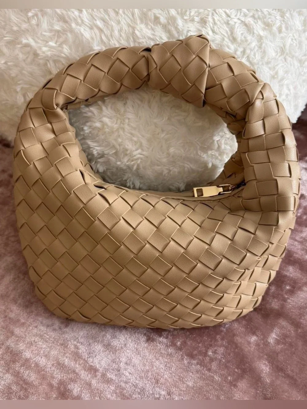 Woven Crescent Hobo Bag in Cream and gold hardware